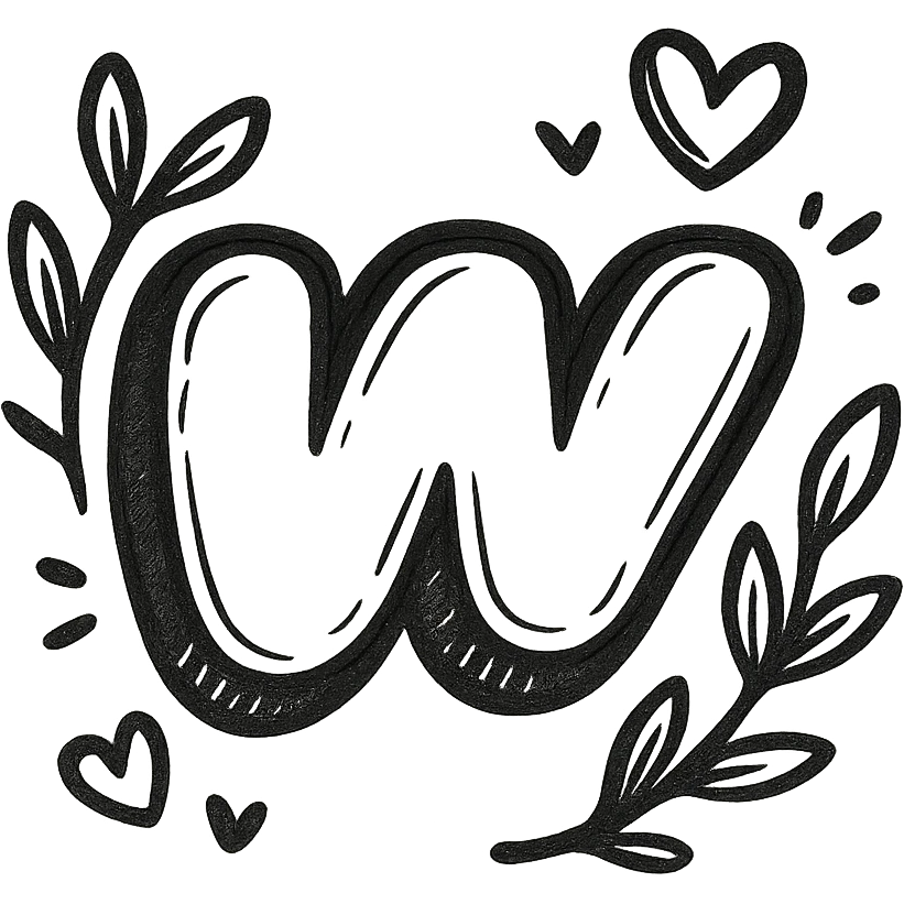 chubby outlined Wattpad logo 'w' with strong shadows, bright highlights, bold contour, decorated with both leaves and hearts, no background emoji