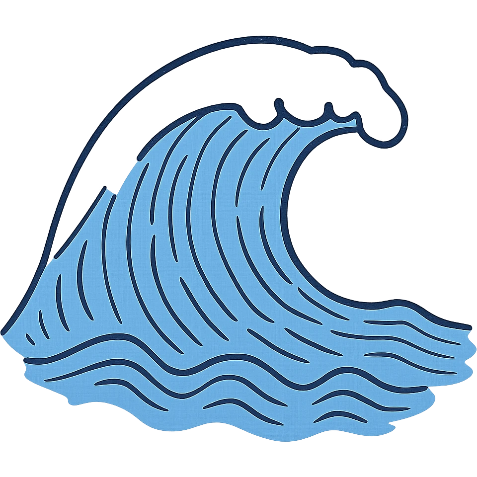 Notion style hand drawn doodle of a stylized ocean wave in blue emoji