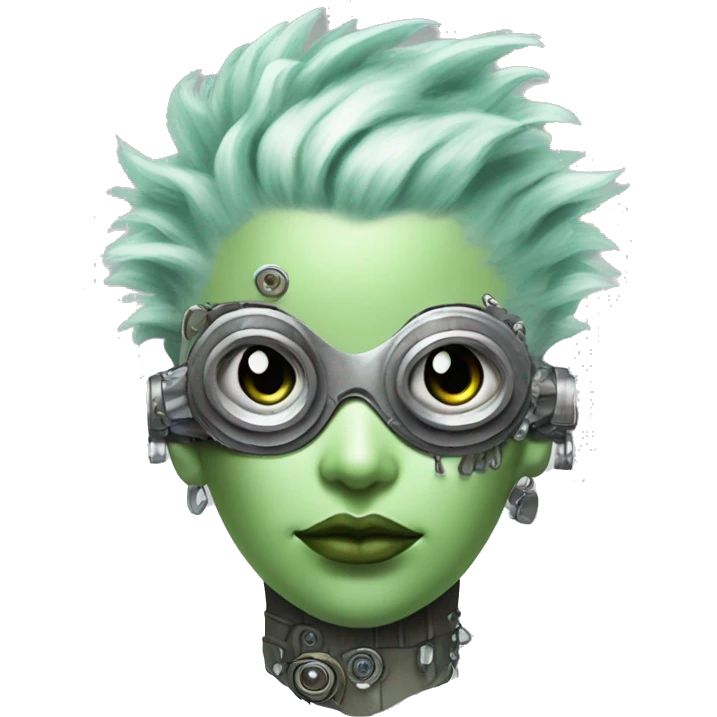 Pastel green Mohawk female cyborg head with silver steampunk goggles emoji