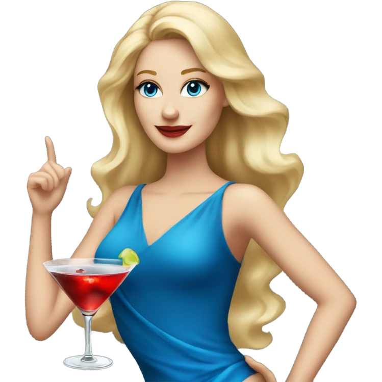 Beautiful blonde white woman with blue eyes red dress dancing with martini emoji