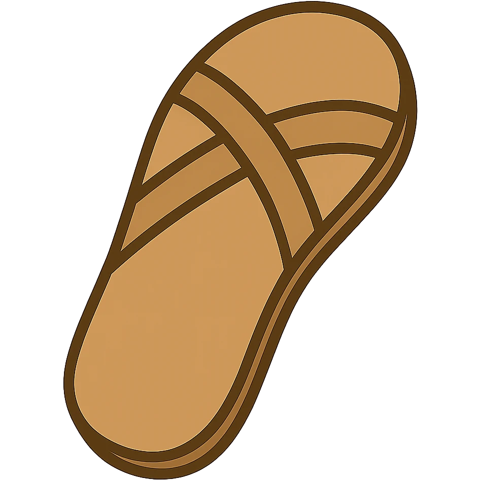 Edit the image to depict a simple sandal sole with minimal detail, inspired by Jesus sandals, viewed from the bottom and matching the angle of the reference image, in emoji style. emoji