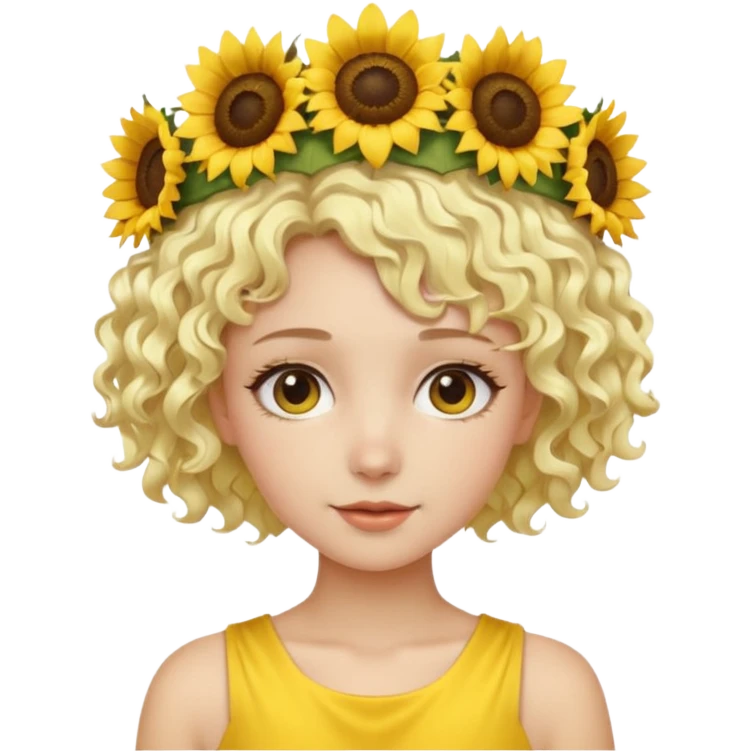 Fair skin female, short platinum-blonde curly hair, wearing a yellow sunflower crown. emoji