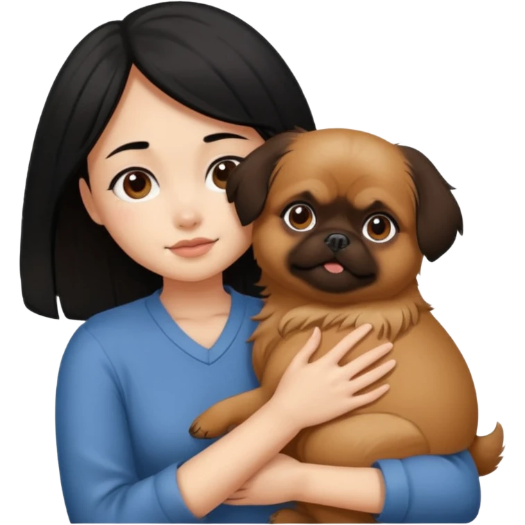 black hair girl hugging brown pegingese dog emoji