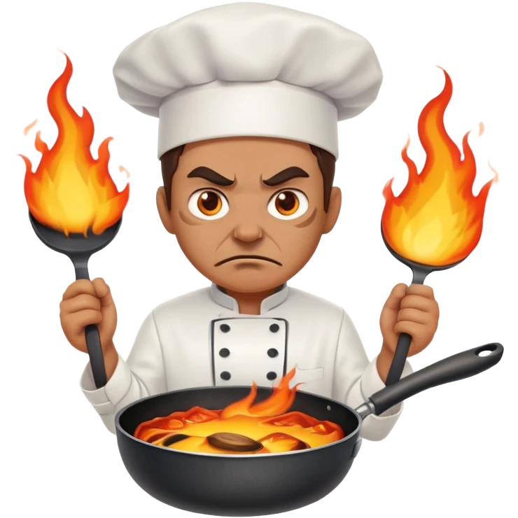 angry chef with flames in eyes, confidently crossing two frying pans across chest emoji