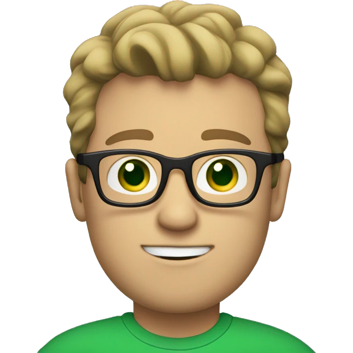 white guy with dark blond hair square glasses blue eyes in laptop wearing green t-shirt emoji