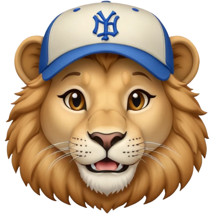 friendly anthropomorphised female lion head and shoulders wearing a baseball cap emoji