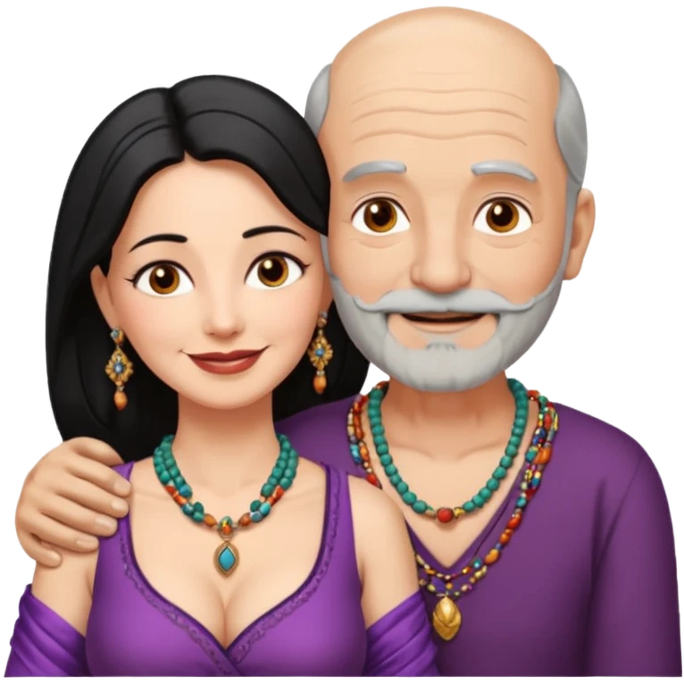 I want an old man with balding and grey beard and a woman in her 40s with dark black hair parted in indian woman style wearing a beads chain  with the cleavage of the woman visible in a passionate embrace. The man should have no jewellery, both must be blissfully smiling emoji