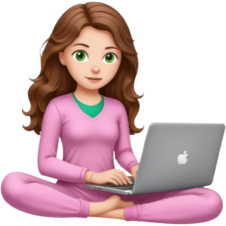 make a picture in ios 18 style of a white girl with brown long wavy hair and green eyes wearing pink pilates core pajamas and working on a laptop emoji