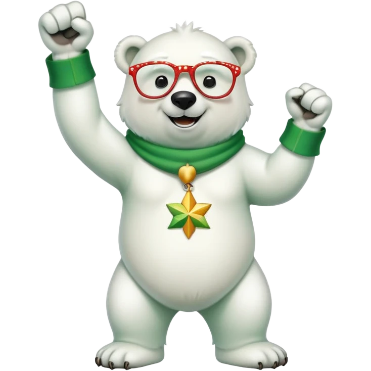 full body friendly anthropomorphised polar bear smiling, wearing large multicolored star-shaped glasses and festive St. Patrick's Day outfit, raising a fist in celebration emoji