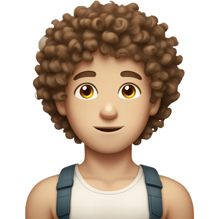 Curly haired white skin boy with freckles and flushed cheeks and muscles and dreamy eyes eyes and hair are brown  emoji