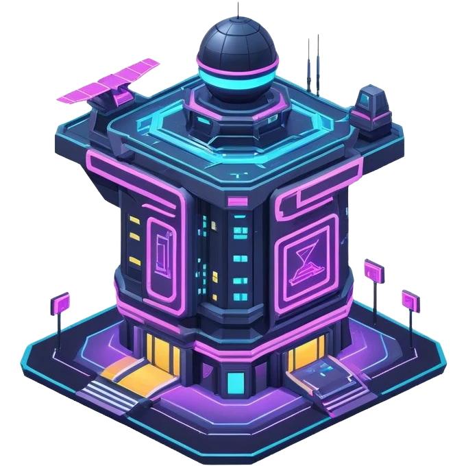 neon, cyberpunk, isometric flying space building emoji