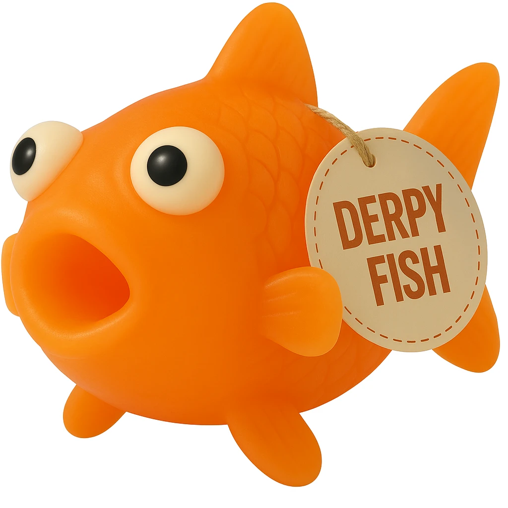 Change the body color of the Derpy Fish to match the exact bright orange color and transparency of the reference clownfish. Keep the retro 90's toy look, derpy eyes, soft plastic texture, soft reflections, soft and squishy, some cloudiness, not shiny, highly detailed, appealing, with the 'DERPY FISH' tag, no background. Match the color and transparency to the reference image as closely as possible. emoji