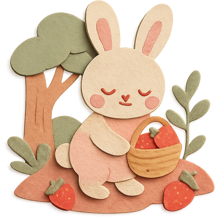 A bunny picking strawberries in the woods, sweet pastel red theme, soft pastel colors, paper-craft style, transparent background emoji