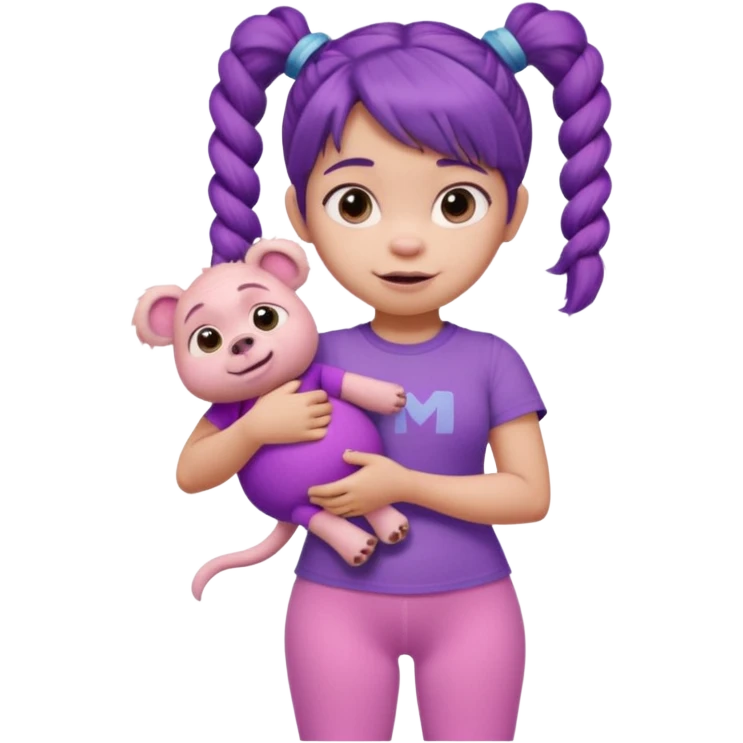 Boo from Monsters Inc, holding a stuffed animal, pigtails, pink t-shirt, purple leggings emoji