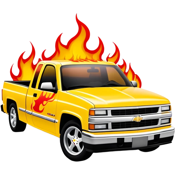 1997 yellow Chevrolet Silverado with detailed custom airbrushed red flame artwork spreading across hood and front, movie-accurate Kill Bill design, 30-degree angle, iOS emoji style emoji