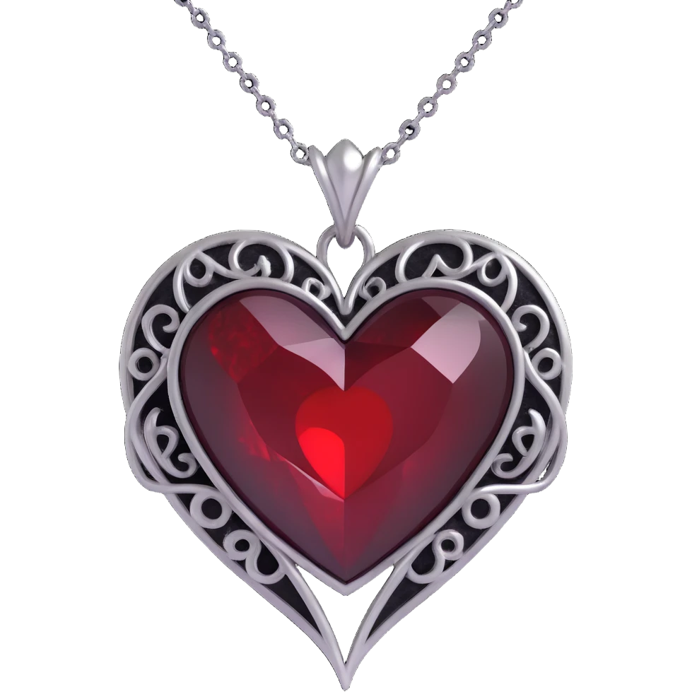 gothic heart, black velvet texture, silver chain, blood red gemstone, ornate and dramatic style, subtle smoky aura emoji