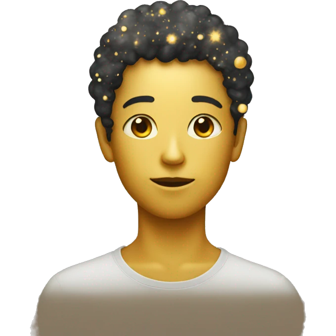 Person wearing t shirt filled with golden galaxies emoji