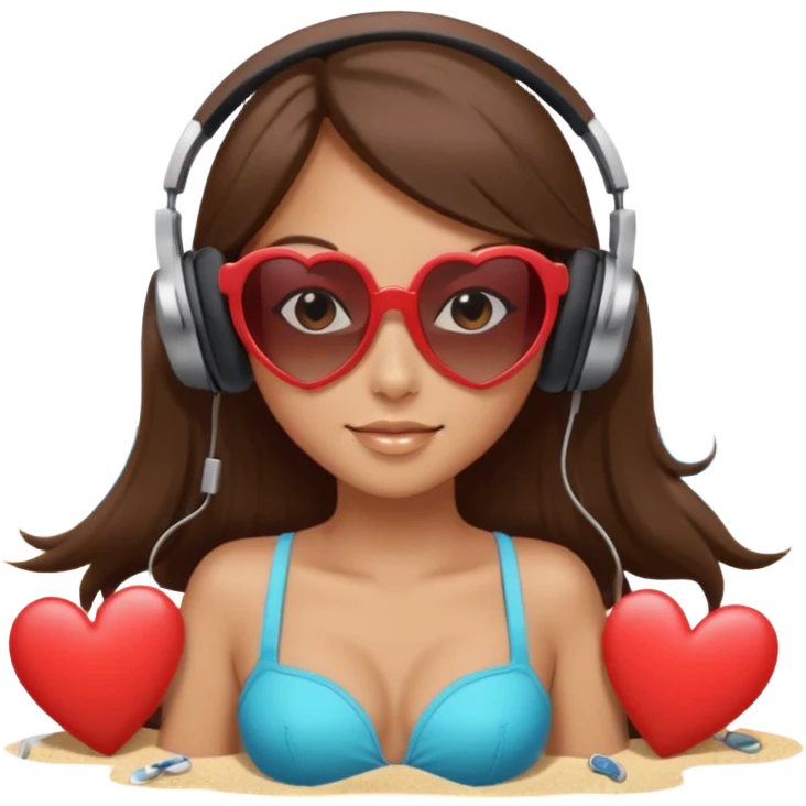 girl with long straight brown hair heart sunglasses headphones lying on sandy beach emoji