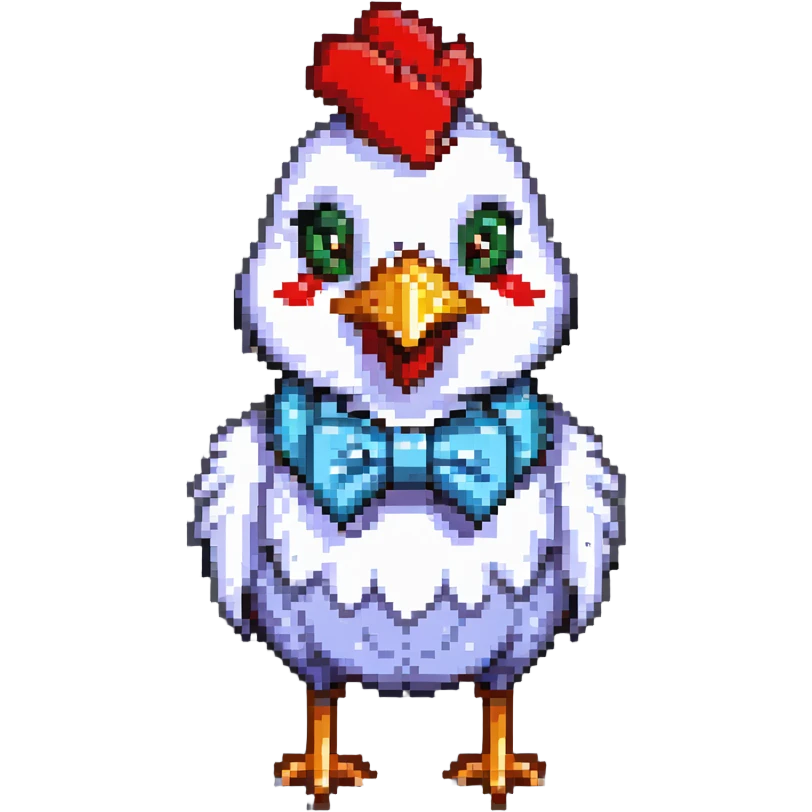A pixel art chicken with a funny face wearing a bowtie emoji