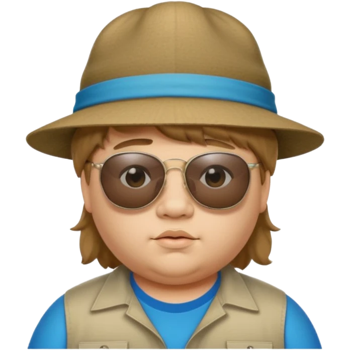 a very fat 16 year old boy who has light brown hair and a mullet and wearing a hat with upside down sunglasses on top of the hat emoji