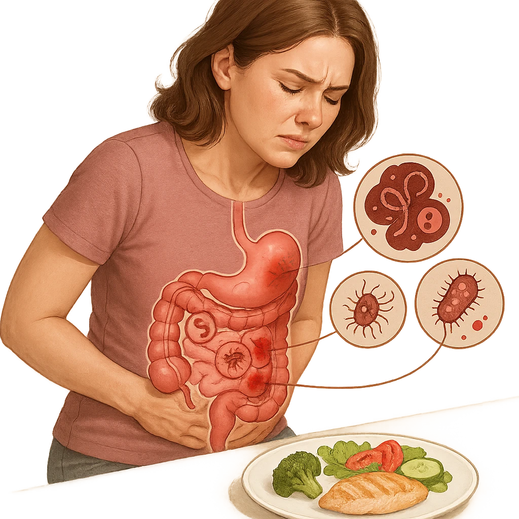 adult woman, realistic infographic style, dieting for intestinal problems, sitting with curved posture, hands pressing abdomen, transparent intestine illustration with parasite icons and inflamed areas, light food plate in front, light background emoji