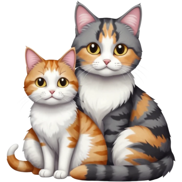 full body colourful light patched calico + white tabby cat cuddling a bigger cat that is dark grey and white tabby cat  emoji