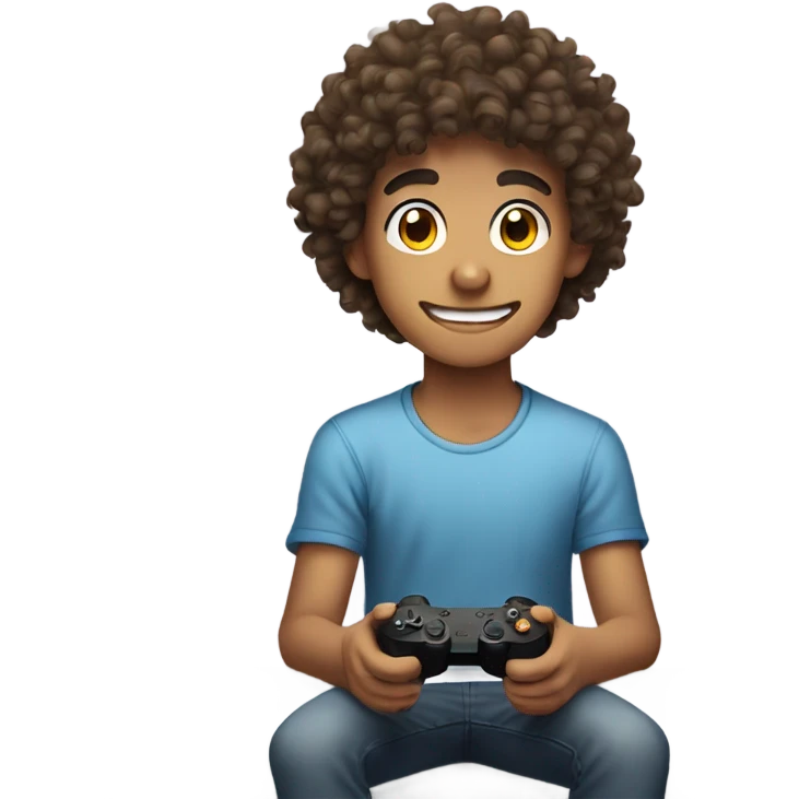 Curly haired teenage boy playing video games in his bedroom  emoji