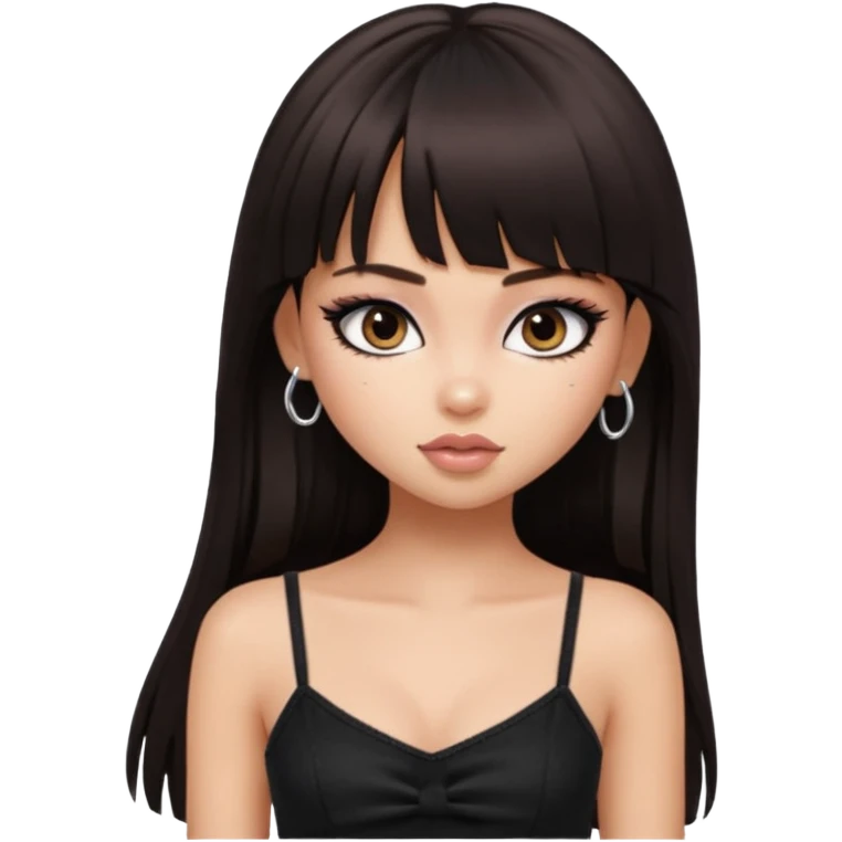 generate a pretty bratz girl in black cami top, dark brown straight long hair with bangs, eyeliner on,  emoji