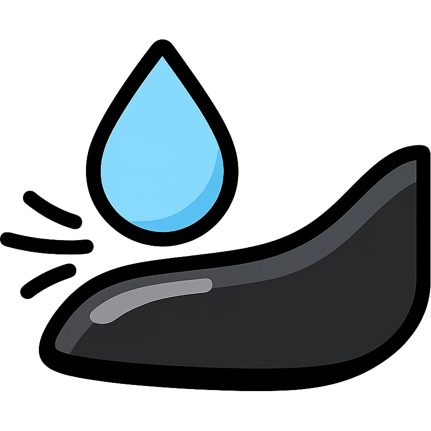 light blue or silver water droplet sliding on glossy black mirror-like paint of a high-end vehicle, main color glossy black, subtle repellent effect with water lines moving away, modern and clean icon emoji