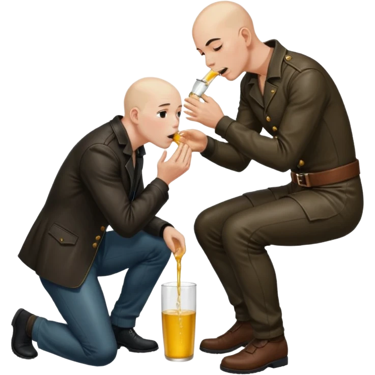 Bald man on his knees submissive to tall, standing man in leather, pouring piss down his throat emoji
