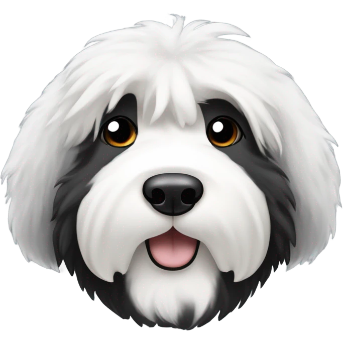 Old English sheepdog with a half and half face like a black (left) and white (right) cookie emoji