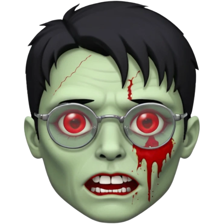 homem zumbi de óculos cabelo preto com muita olheira deixar pele dele verde dentes brancos e olhos vermelhos e ensanguentados deixar óculos quadrado e preto e olhos cheio de veias vermelhas piercing em todo rosto piercing prata colocar risco nas duas sobrancelhas e colocar lábios em sua boca emoji