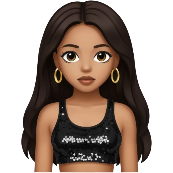 Aaliyah with long dark brown hair, sequin black crop top emoji
