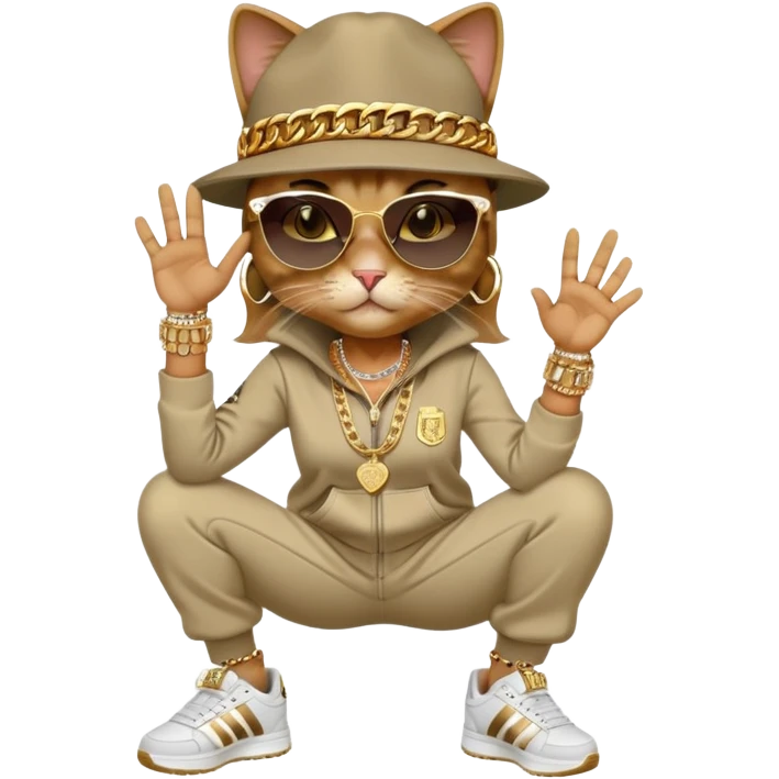 female cat walking upright, Run DMC hip-hop outfit, tracksuit, fedora, Adidas sneakers, dark sunglasses, many gold chains, bling accessories rings bracelets earrings emoji