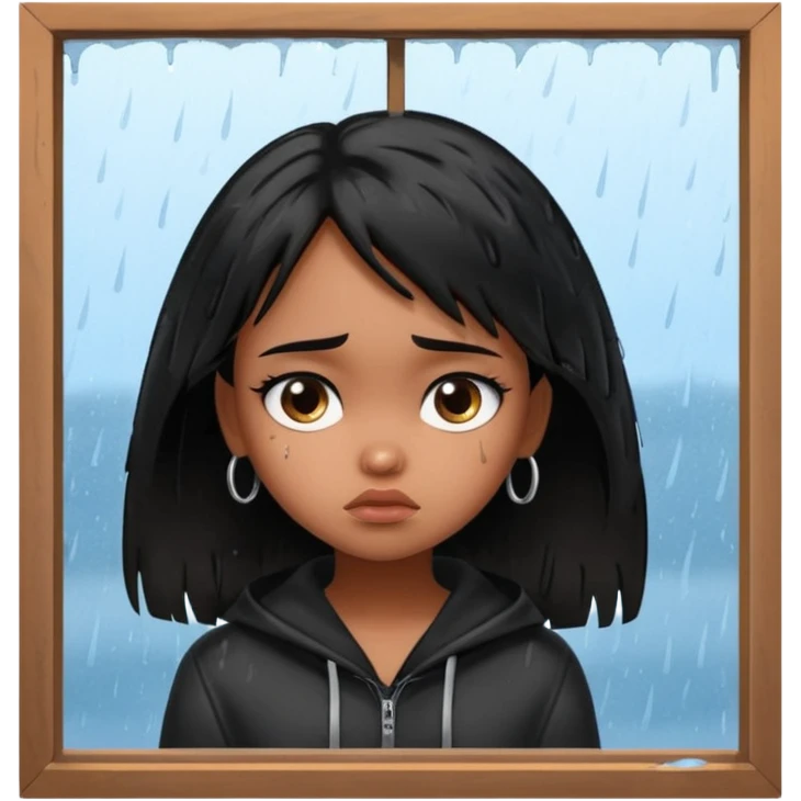 generate a pretty bratz brown skinned girl with messy black hair looking out of the rainy window, looking very sad. SIDE ANGLE emoji