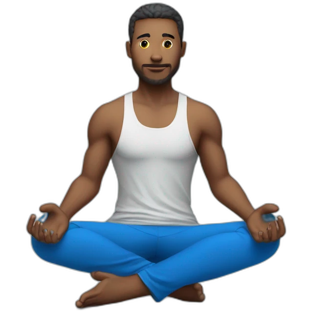 a male gamer instead of a computer head and blue clothes is sitting in a yoga pose emoji