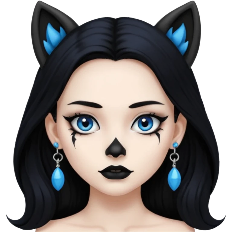 A girl with long black hair and blue eyes, black eyeshadow, black eye liner, mascara, and black lipstick, and black skull earrings. Also a black sexy dress and wolf ears  emoji