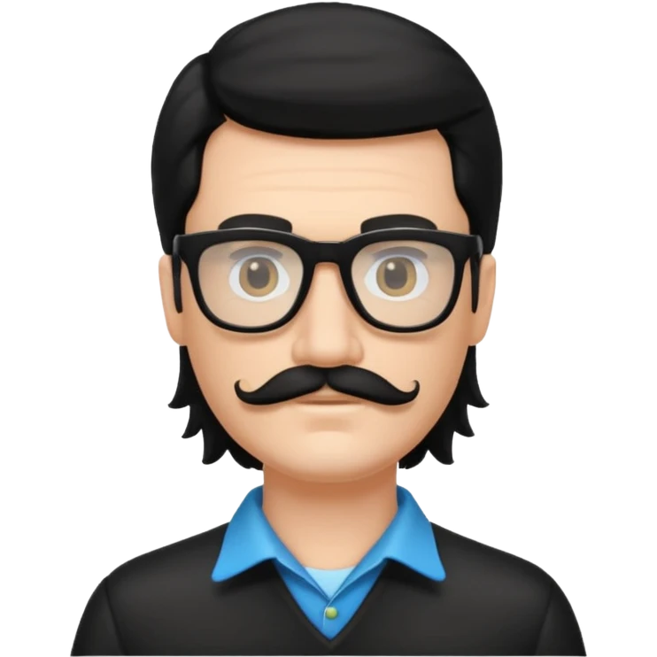White man with black mullet and mustache wearing black glasses  emoji