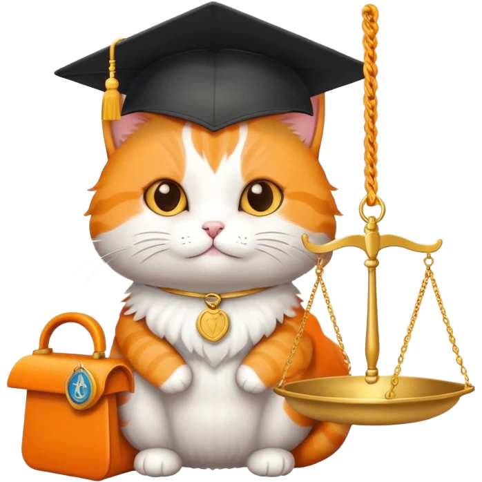 cat wearing a graduation cap, holding scales of justice emoji