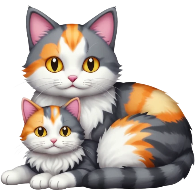 full body dark grey and white cat cuddling a colourful light patched calico + white tabby cat  emoji