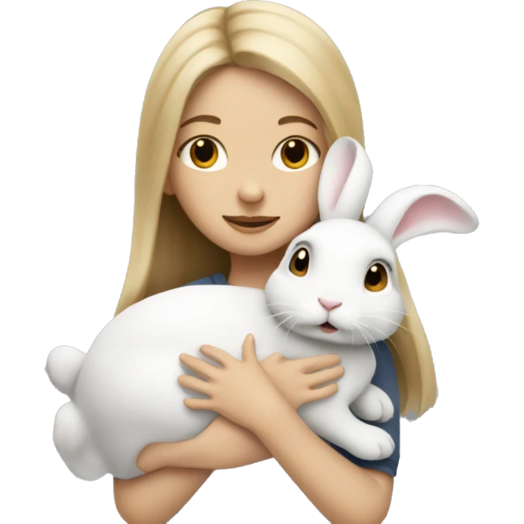 Dark blonde hair girl hugging a white rabbit emoji