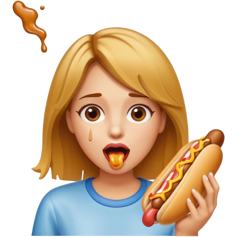 fair skinned young woman with brown hair and blonde highlights with mouth open and hot dog dripping glue emoji