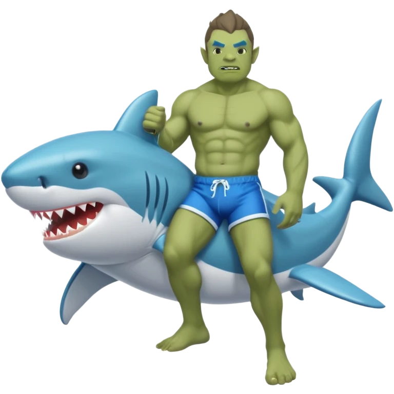 An orc male on an inflatable circle in the form of a shark emoji