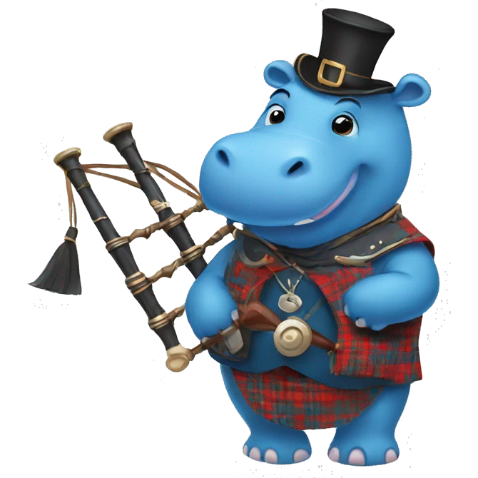 Blue hippo with bagpipes and traditional Scottish clothes emoji