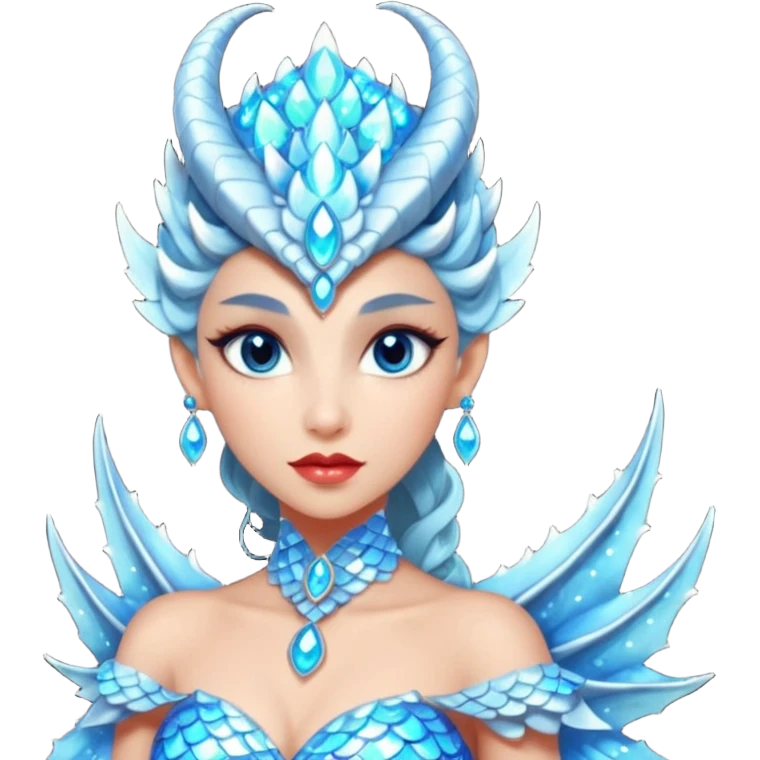 Am amazing blend of a half dragon woman with glittering jeweled scales covering her body. She has large almond shaped eyes, lush lips, and she wears a stunning luminescent gown. emoji