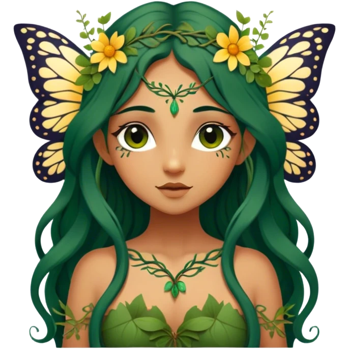 Cinematic Realistic Forest Nymph Fairy Portrait, depicted with lifelike, sun-kissed tanned skin that radiates an earthy glow, softly illuminated by natural, dappled light. Her long, flowing dark green hair is intricately detailed and interwoven with delicate vines and wildflowers, while her deep, soulful eyes mirror the wisdom of the forest. Dressed in an attire inspired by nature’s palette—with subtle botanical motifs—the portrait exudes a soft, enchanted glow that melds realism with woodland magic showing her large butterfly wings. emoji