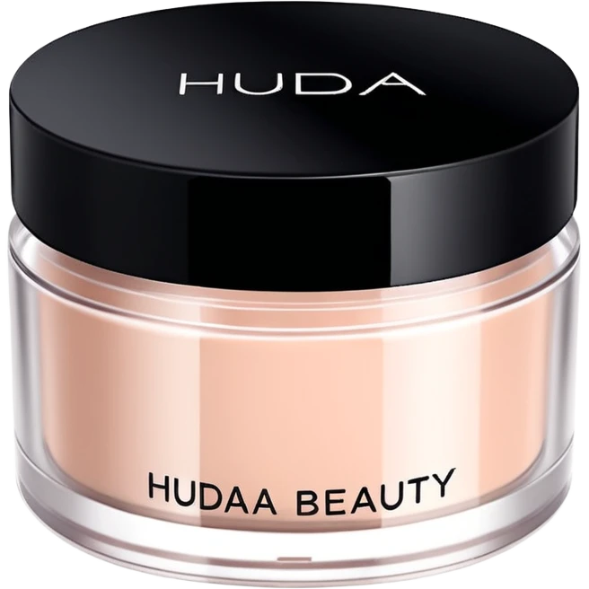 Create an emoji of Huda Beauty loose powder in its round, flat jar, short and wide, frosted or matte plastic, black screw-on lid, minimal luxe makeup packaging, clean glam aesthetic. emoji