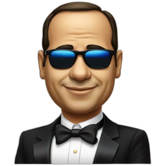Satirical cartoon Egyptian President Al Sisi in a tuxedo wearing sun glasses with egyptian flag emoji