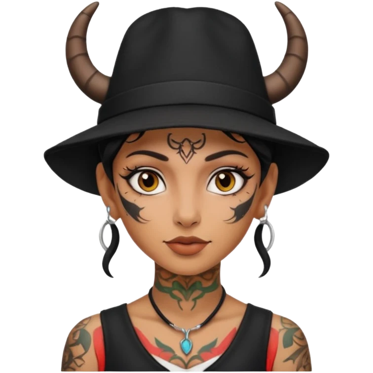Woman with small horns — black hat, face tattoos emoji