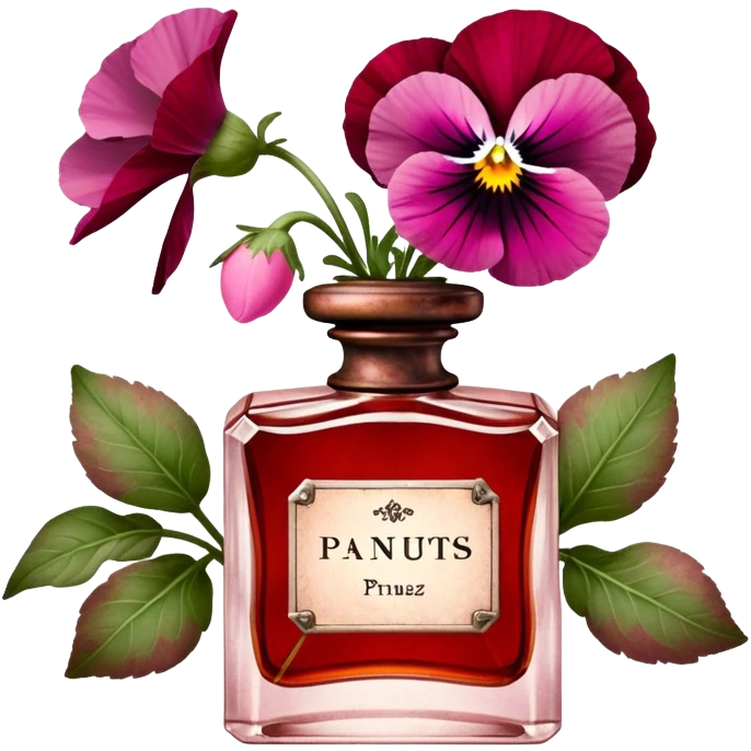 "A rustic red perfume bottle with an aged patina sits beside delicate quartz pink pansies. Soft natural light enhances the vintage charm, creating a warm, romantic ambiance." emoji